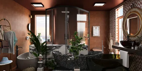 modern bathroom with stylish fixtures featuring a walk-in shower and freestanding bathtub, designed for an elegant space experience, utilizing Homestyler's real-time 3D rendering feature for design visualization.