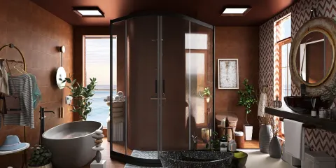 modern bathroom featuring a sleek shower enclosure, designed with a contemporary aesthetic, emphasizing space utilization in interior decor with Homestyler's real-time 3D rendering feature.