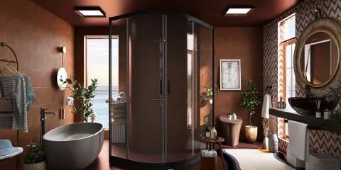 luxurious bathroom featuring a curved shower design with modern fixtures and earthy tones enhancing space value, utilizing Homestyler's real-time 3D rendering for design presentation.