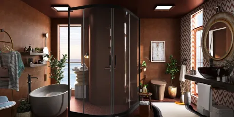 modern bathroom featuring a round bathtub and a glass shower, designed with warm earthy tones and stylish decor, showcasing interior space value with Homestyler's real-time 3D rendering feature.