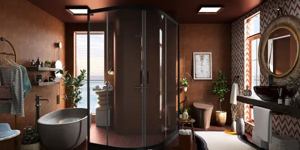 modern bathroom with shower area and plants, creating a stylish and functional space, featuring interior decor using Homestyler's 3D rendering for realistic design previews.