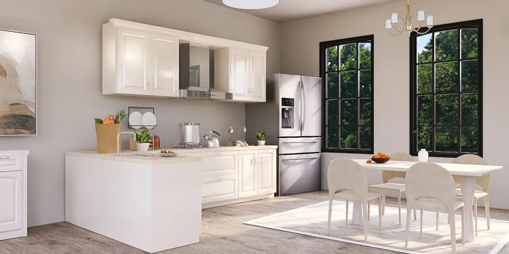 a kitchen with a white refrigerator and a white stove 