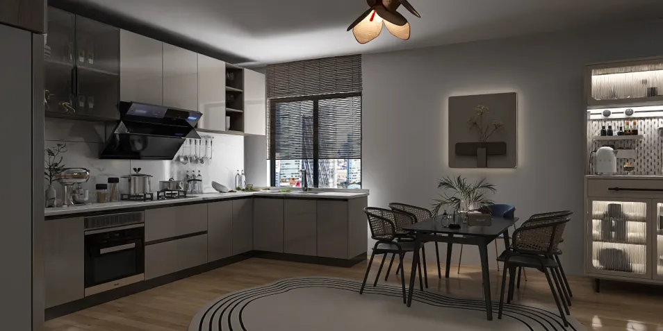 modern kitchen layout featuring sleek cabinetry and appliances with a cozy dining area, showcasing interior design principles, enhanced by Homestyler's real-time 3D rendering feature.