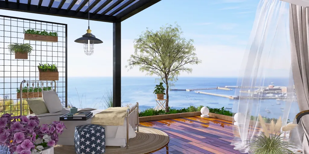 a large room with a balcony overlooking a beach 