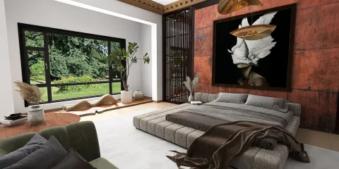 modern bedroom design featuring a cozy bed arrangement with stylish decor and natural light, utilizing Homestyler's real-time 3D rendering for an immersive interior experience