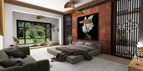 modern bedroom with a minimalist bed layout featuring a stylish design and natural light from large windows, showcasing a blend of contemporary and natural styles, utilizing Homestyler's real-time 3D rendering feature for effective visualization