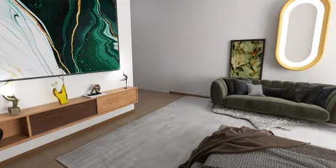 modern living room featuring a velvet green sofa and stylish decor, designed using Homestyler's 3D rendering for realistic interior visualization