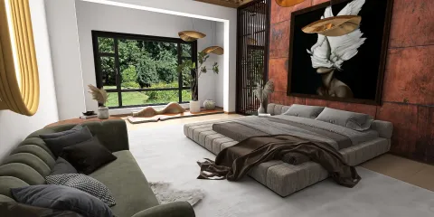 spacious bedroom with minimalist decor featuring cozy bedding and stylish accessories, designed using Homestyler's real-time 3D rendering feature for accurate visualization.