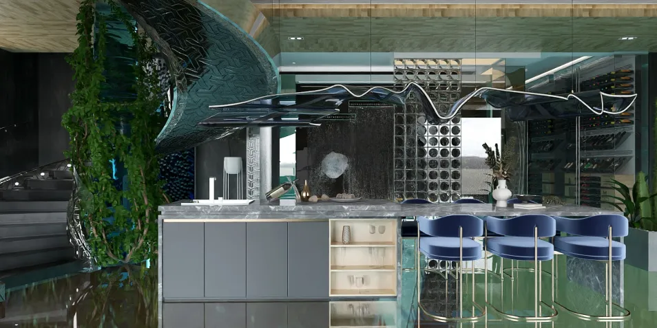 A modern kitchen featuring a sleek island design with intricate glass wave accents, showcasing an open layout that enhances spatial value; includes Homestyler's real-time 3D rendering for an immersive experience.