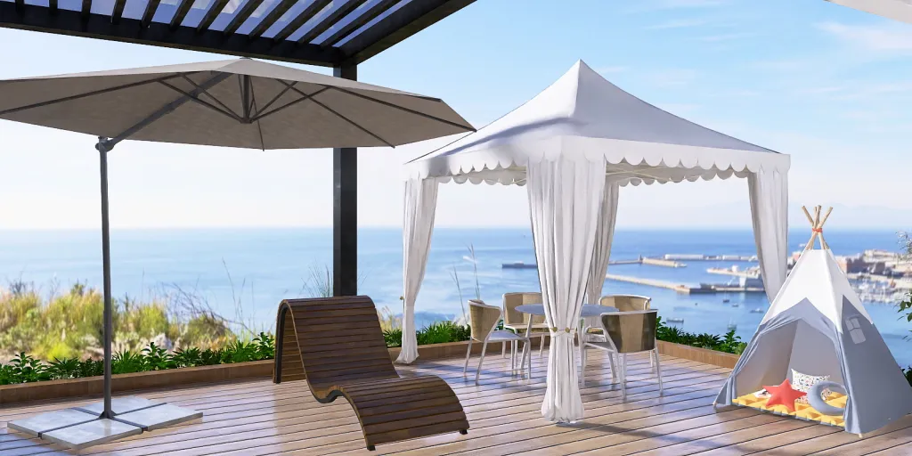 a patio area with a balcony and a balcony umbrella 