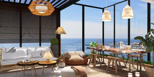 Modern living space with an open layout featuring a scenic ocean view, utilizing smart furniture arrangement for optimal space use, highlighting professional interior design by Homestyler with real-time 3D rendering for effective design proposal demonstration.