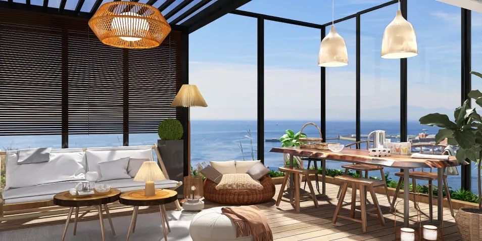 Modern living space with an open layout featuring a scenic ocean view, utilizing smart furniture arrangement for optimal space use, highlighting professional interior design by Homestyler with real-time 3D rendering for effective design proposal demonstration.