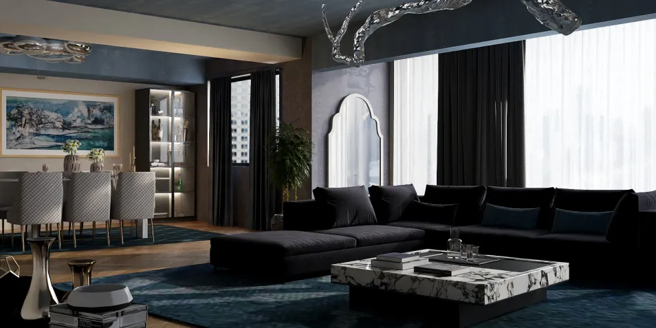 Modern living room design featuring a sleek sectional sofa and elegant coffee table, showcasing contemporary decor style and accentuating spaciousness with smart furniture arrangement, utilizing Homestyler's real-time 3D rendering for design previews.