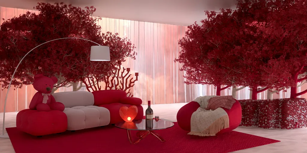 a red couch with flowers in a room 