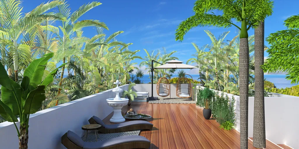 a patio with a view of a beach and a balcony 