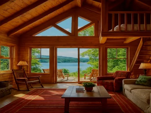 wooden cabin interior showcasing a scenic lake view with cozy furniture arrangement, rustic style, enhancing living space comfort through Homestyler's real-time 3D rendering feature.