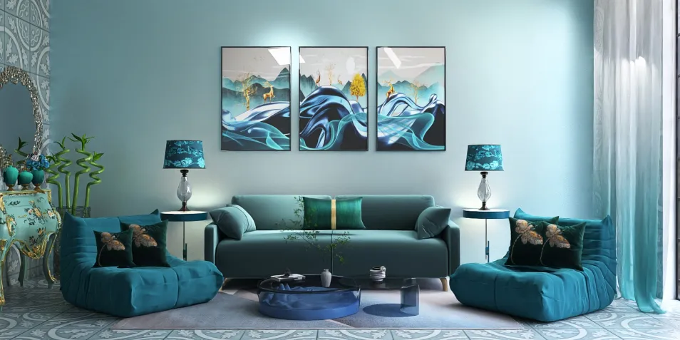 modern teal living room with artistic wall decor showcasing smart furniture arrangement to optimize space using Homestyler's interior design tools