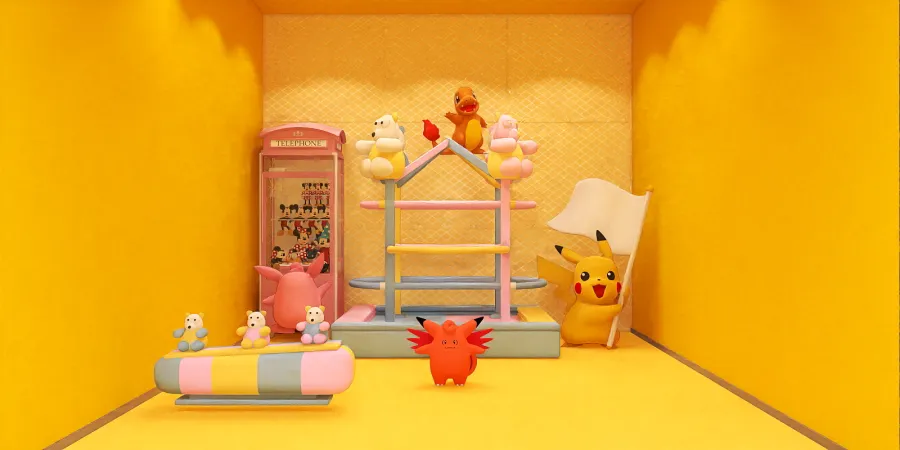 a small child's room with a pink and yellow doll 