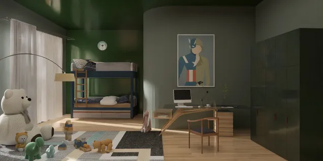 green bedroom with toys 