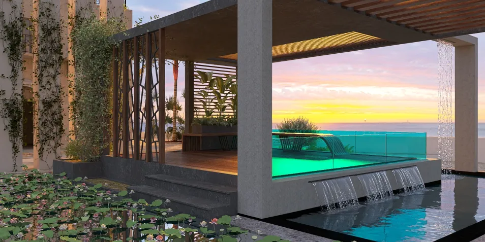 outdoor poolside seating area featuring a modern gazebo design with a serene sunset backdrop, enhancing the tranquil ambiance of the space using Homestyler's real-time 3D rendering feature.