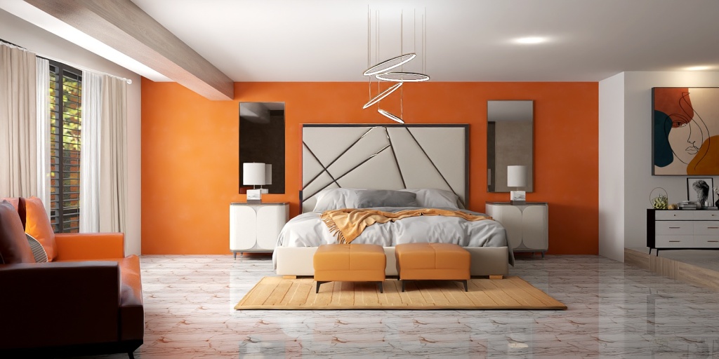 a bedroom with a bed, a couch, and a lamp 