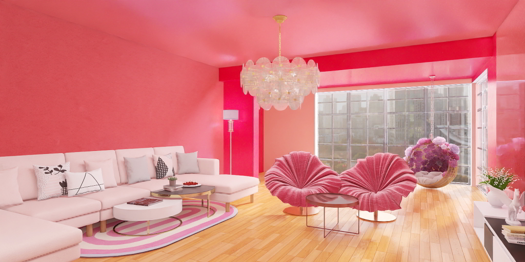 a room with a red couch and a pink table 