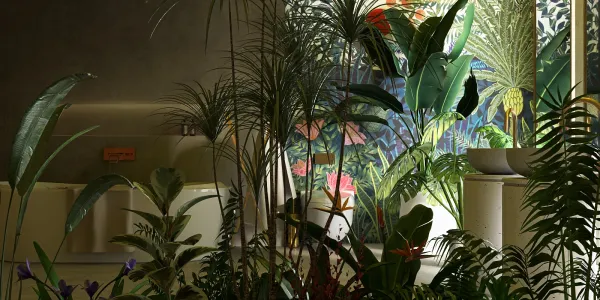 lush greenery arrangement featuring indoor plants in modern bathroom design, showcasing a tropical aesthetic with vibrant wallpaper, utilizing Homestyler's real-time 3D rendering feature for design proposal visualization.