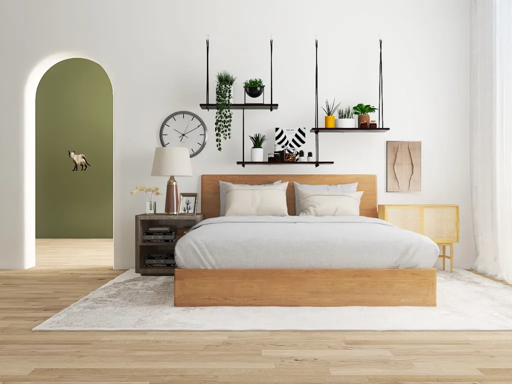 a bedroom with a bed, a lamp, and a wall clock 