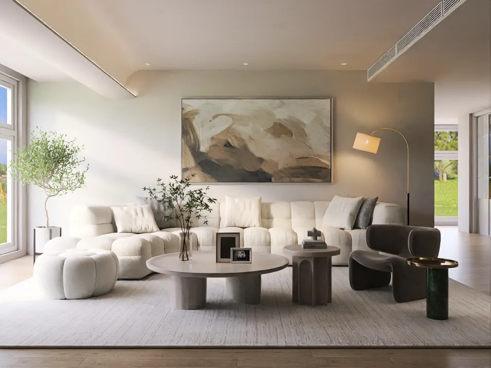 Modern living room featuring a white sectional sofa and artistic wall decor, showcasing a cozy minimalist style with spacious design value, utilizing Homestyler's real-time 3D rendering feature for quick design visualization.