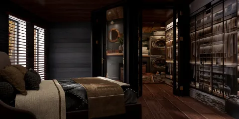 cozy bedroom showcasing a modern design with warm lighting and wood accents, highlighting the use of Homestyler's real-time 3D rendering feature for visualizing interior decor ideas.