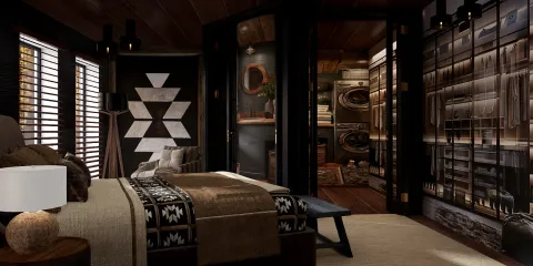 Modern bedroom design featuring a cozy bed arrangement with textured decor elements, showcasing a rustic style, utilizing Homestyler's real-time 3D rendering for immersive interior visualization.