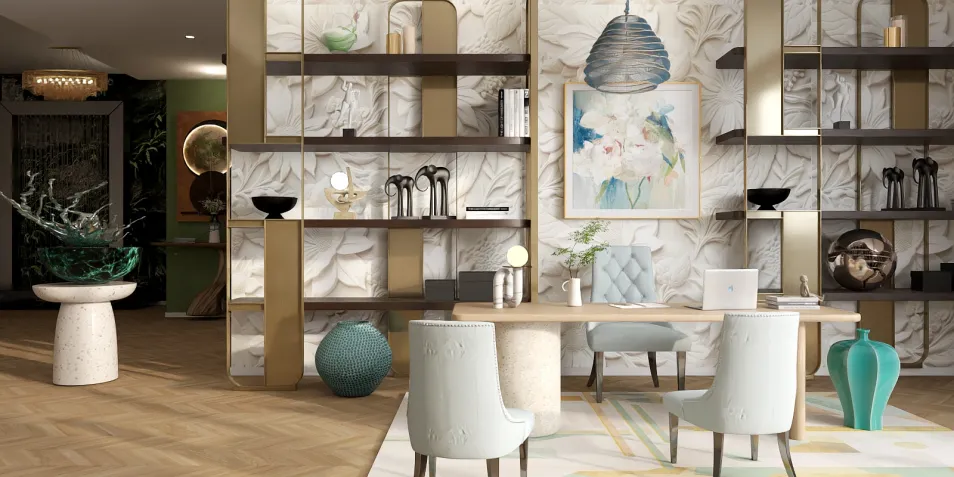 modern office space featuring a stylish desk arrangement with a blend of decorative elements and functional furniture, showcasing interior design aesthetics with a focus on efficient workspace layout using Homestyler's smart furniture placement feature.