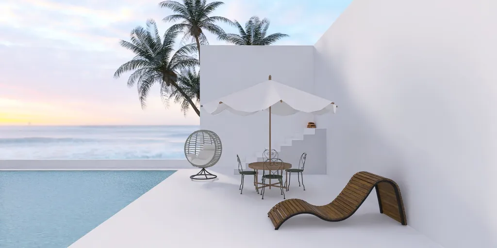 a white table with a white chair and a white umbrella 