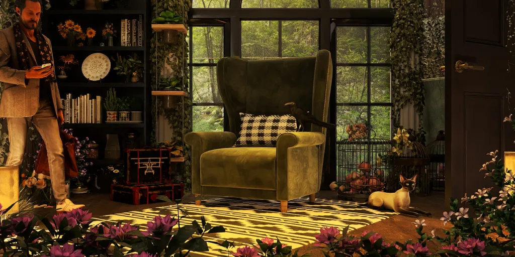a living room with a large window and a large chair 