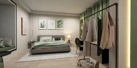 stylish bedroom design featuring a modern bed arrangement, blending green color tones with natural decor elements, showcasing interior design with Homestyler's real-time 3D rendering feature.