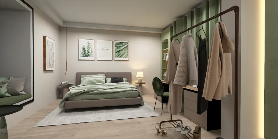 stylish bedroom design featuring a modern bed arrangement, blending green color tones with natural decor elements, showcasing interior design with Homestyler's real-time 3D rendering feature.