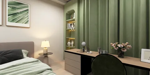 cozy bedroom featuring a green velvet curtain design with stylish shelving and a wooden desk, showcasing contemporary interior decor; utilizing Homestyler's smart furniture arrangement feature for optimized space planning.