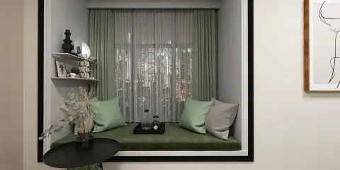 cozy reading nook design featuring a green cushion seating area with decorative pillows and shelves, showcasing a modern minimalist style, enhancing small space utilization with Homestyler's real-time 3D rendering feature.