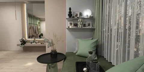 cozy living room with green accents featuring a soft sofa and decorative shelves, designed using Homestyler's 3D rendering feature for realistic interior visualization, creating a tranquil space.