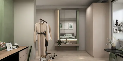 clothing racks displaying outfits in a modern bedroom design featuring minimalist style and natural elements, showcasing Homestyler's real-time 3D rendering functionality.