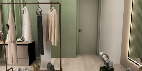 clothing rack displaying garments and accessories in a modern dressing room with a minimalist style, showcasing interior decor ideas using Homestyler's AR virtual furniture placement feature