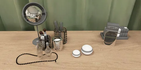 makeup tools and accessories arranged on a wooden table, modern aesthetic, enhancing functionality in a personal grooming space, featuring Homestyler's real-time 3D rendering feature.
