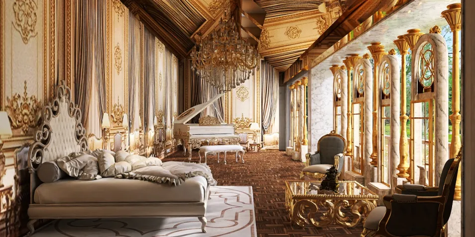 luxurious living room featuring a grand piano and ornate furniture, demonstrating classical interior design style with an emphasis on elegance and sophistication; utilizing Homestyler's real-time 3D rendering for accurate visualization