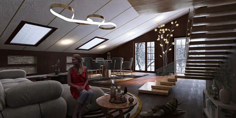 woman sitting in a cozy living room with modern furniture, showcasing a stylish and contemporary interior design, featuring real-time 3D rendering from Homestyler.