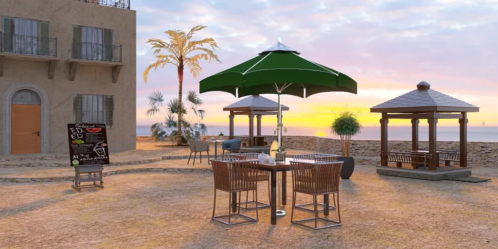 a patio table with chairs and umbrellas on a beach 
