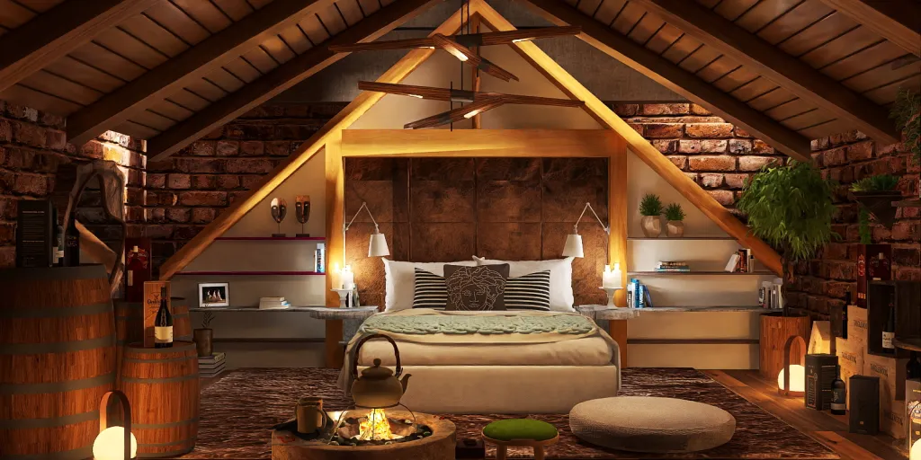 a room with a bed, fireplace, and a bed with a wooden headboard 