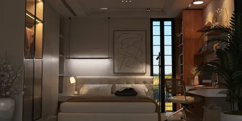 modern bedroom design featuring a cozy bed and functional workspace, utilizing effective space optimization for small interiors with Homestyler's real-time 3D rendering capabilities.