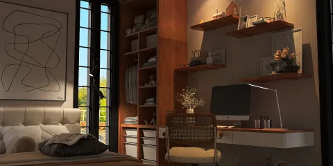A modern bedroom featuring a stylish desk setup, with an ergonomic chair and organized shelving, designed with contemporary aesthetics aimed at optimizing workspace functionality, utilizing Homestyler's real-time 3D rendering feature.
