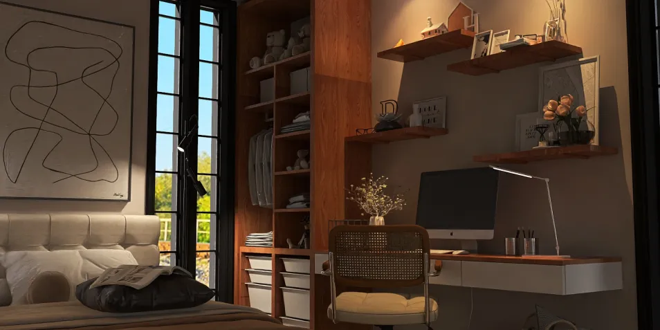A modern bedroom featuring a stylish desk setup, with an ergonomic chair and organized shelving, designed with contemporary aesthetics aimed at optimizing workspace functionality, utilizing Homestyler's real-time 3D rendering feature.