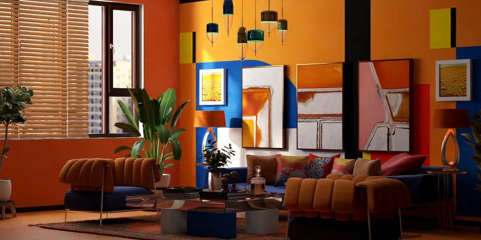 vibrant living room with colorful accent walls, showcasing modern furniture arrangement, perfect for interior decor inspiration, utilizing Homestyler's real-time 3D rendering feature to visualize design ideas.